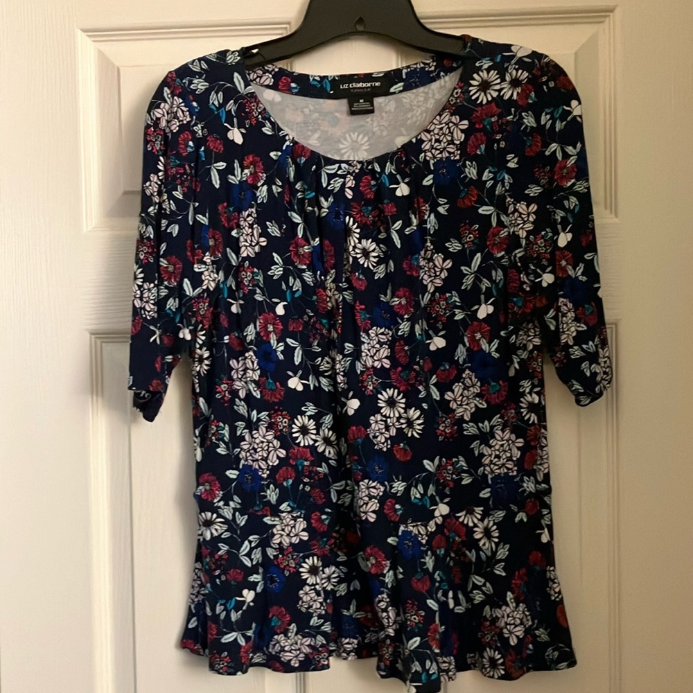 Liz Claiborne Career Navy Blue Floral Short Sleeve Top - Women's Medium